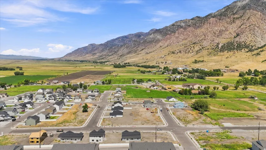Residential development with paved streets, surrounded by green fields and distant mountains