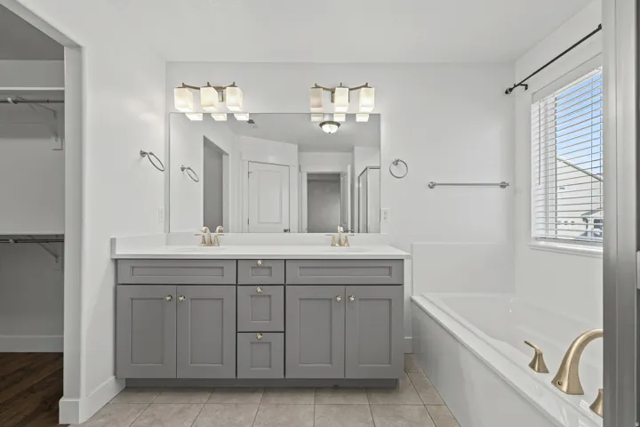 Dual vanity with gray cabinetry and white countertop, integrated soaking tub with brass fixtures, large wall-mounted mirror, and overhead vanity lighting