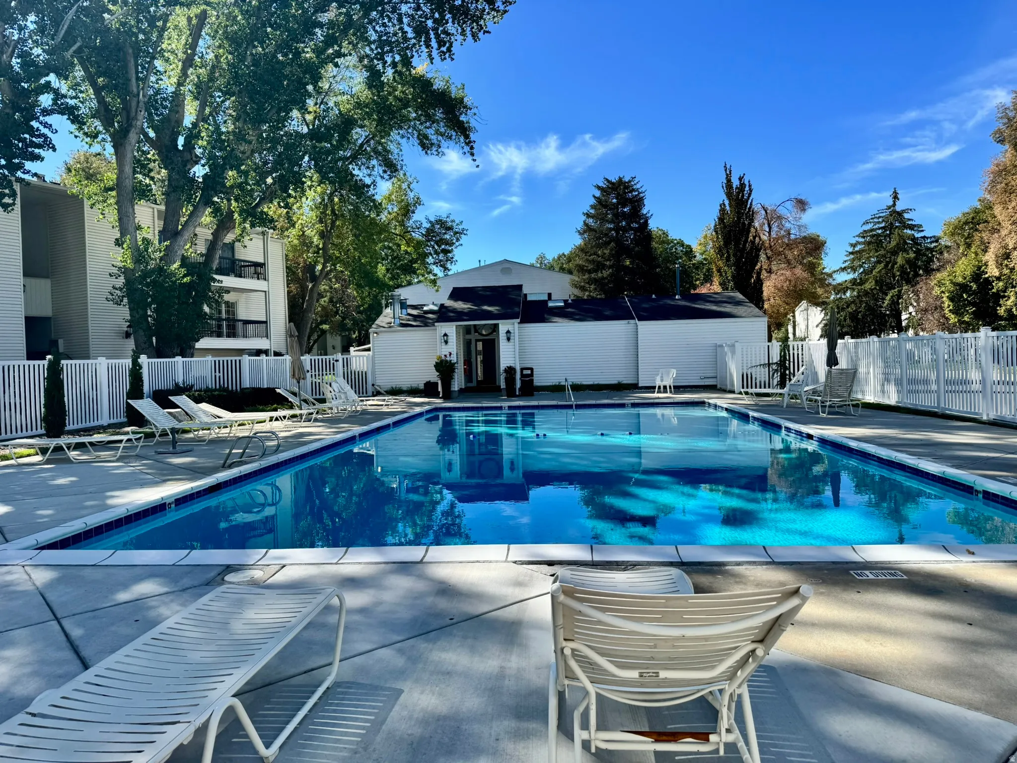 Outdoor swimming pool with a concrete deck, white perimeter fencing, and mature trees