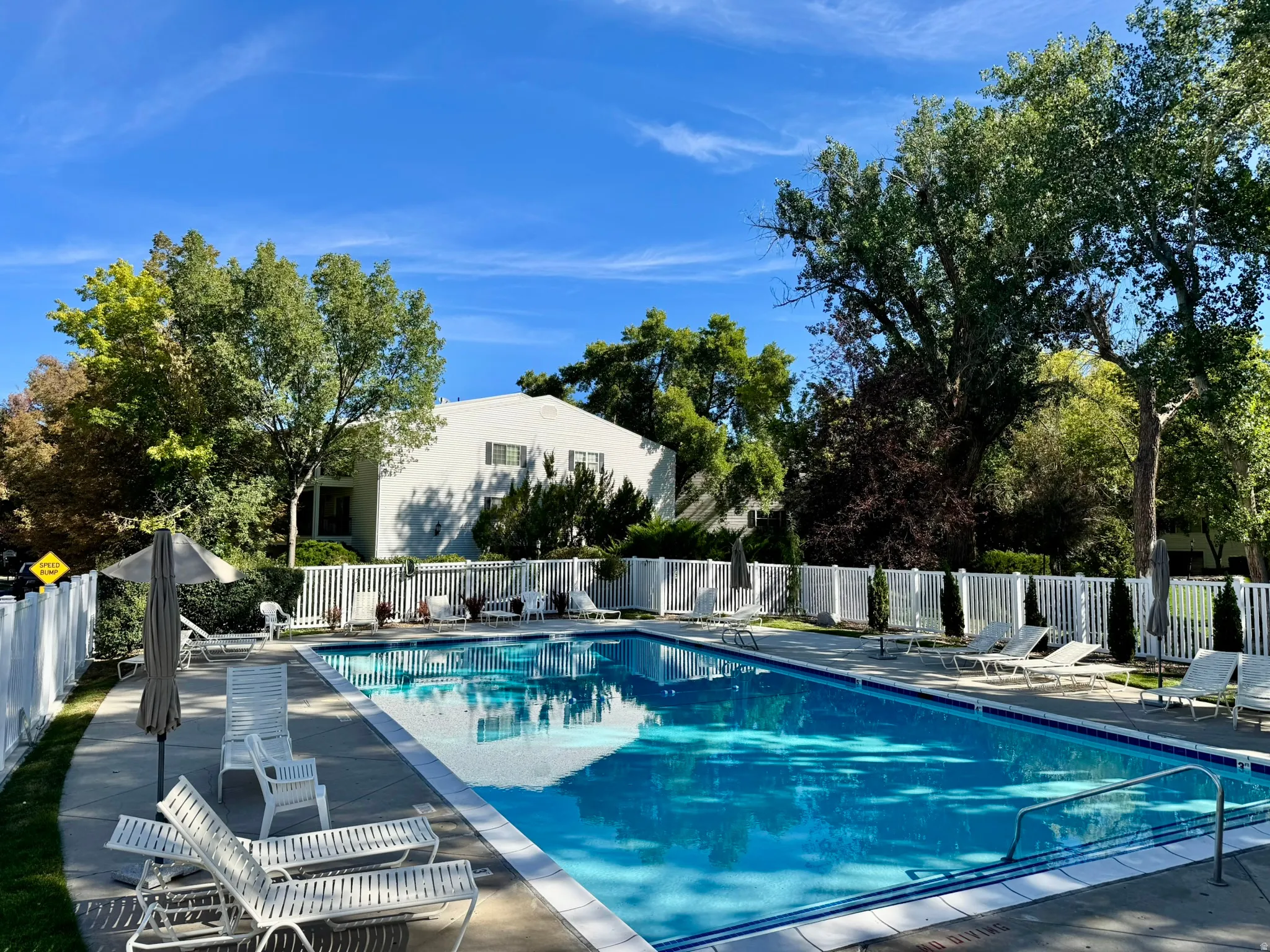 Outdoor swimming pool with concrete decking, surrounding white picket fence, and mature trees
