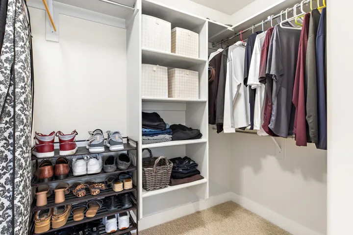 Built-in shelving, hanging rods, and an open storage system