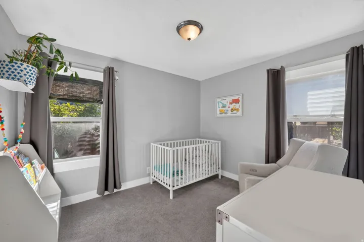 Neutral wall colors, carpeted flooring, two windows, and a ceiling-mounted light fixture
