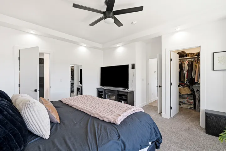 Tray ceiling with recessed lighting and a ceiling fan, plush gray carpeting, and white paneled doors