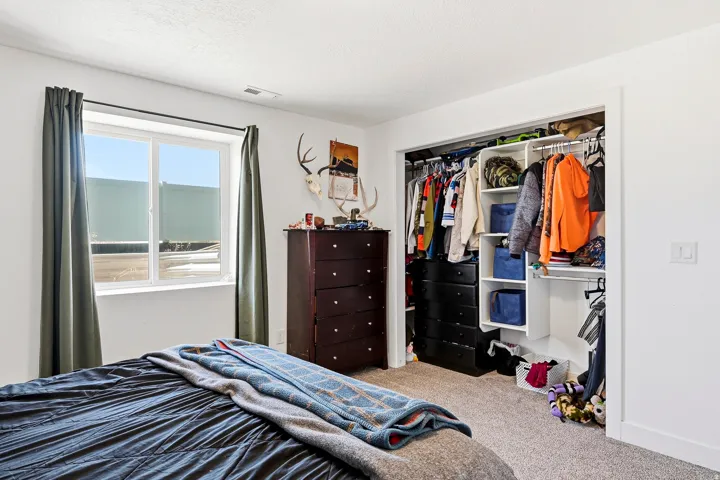 White walls, gray carpeting, a single window, and a closet with built-in shelving