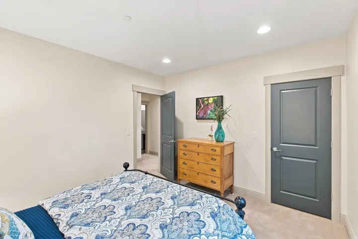Recessed lighting, two-panel interior doors with modern hardware, and wall-mounted television bracket