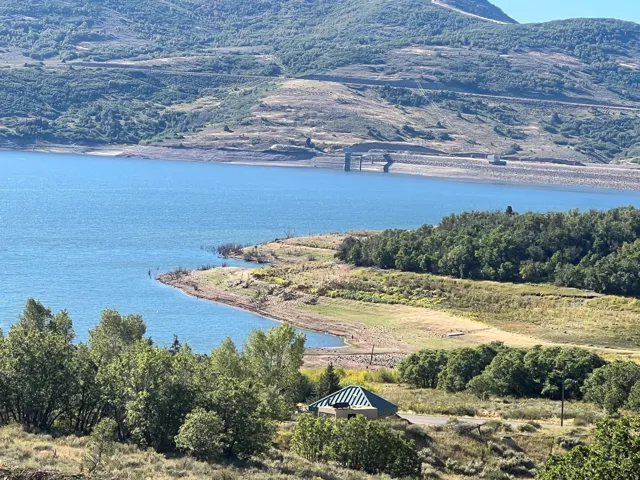 Expansive waterfront setting featuring a natural shoreline, surrounding mature trees, and distant mountainous terrain