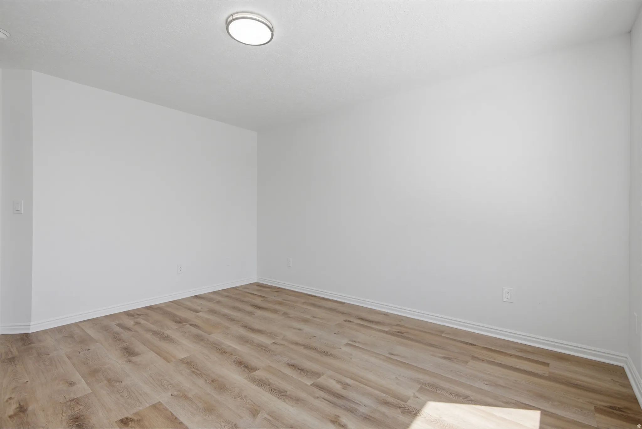 Wood-finish flooring with white baseboards, a flush-mount ceiling light, and white painted walls