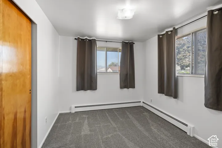 Wall-to-wall carpeting, wood-finish door, multiple windows, and a ceiling-mounted light fixture