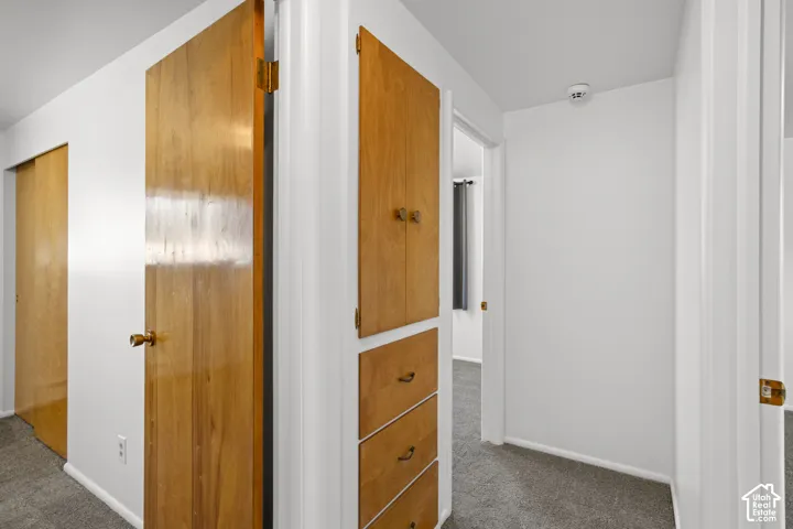 Built-in wood-finish cabinetry, wood-finish doors, and wall-to-wall carpeting
