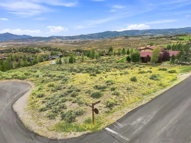 Expansive undeveloped lot featuring natural vegetation, a paved road, and distant mountain ranges