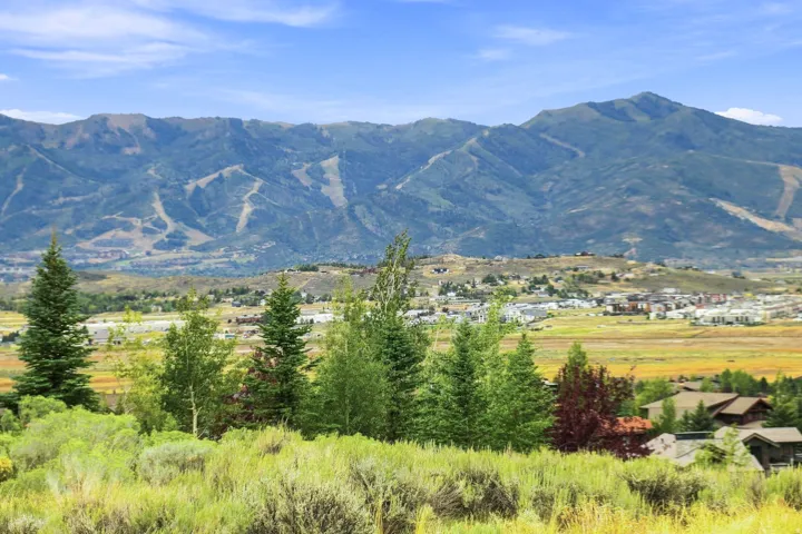Expansive mountain range backdrop, natural foliage, scattered evergreens, and distant residential structures