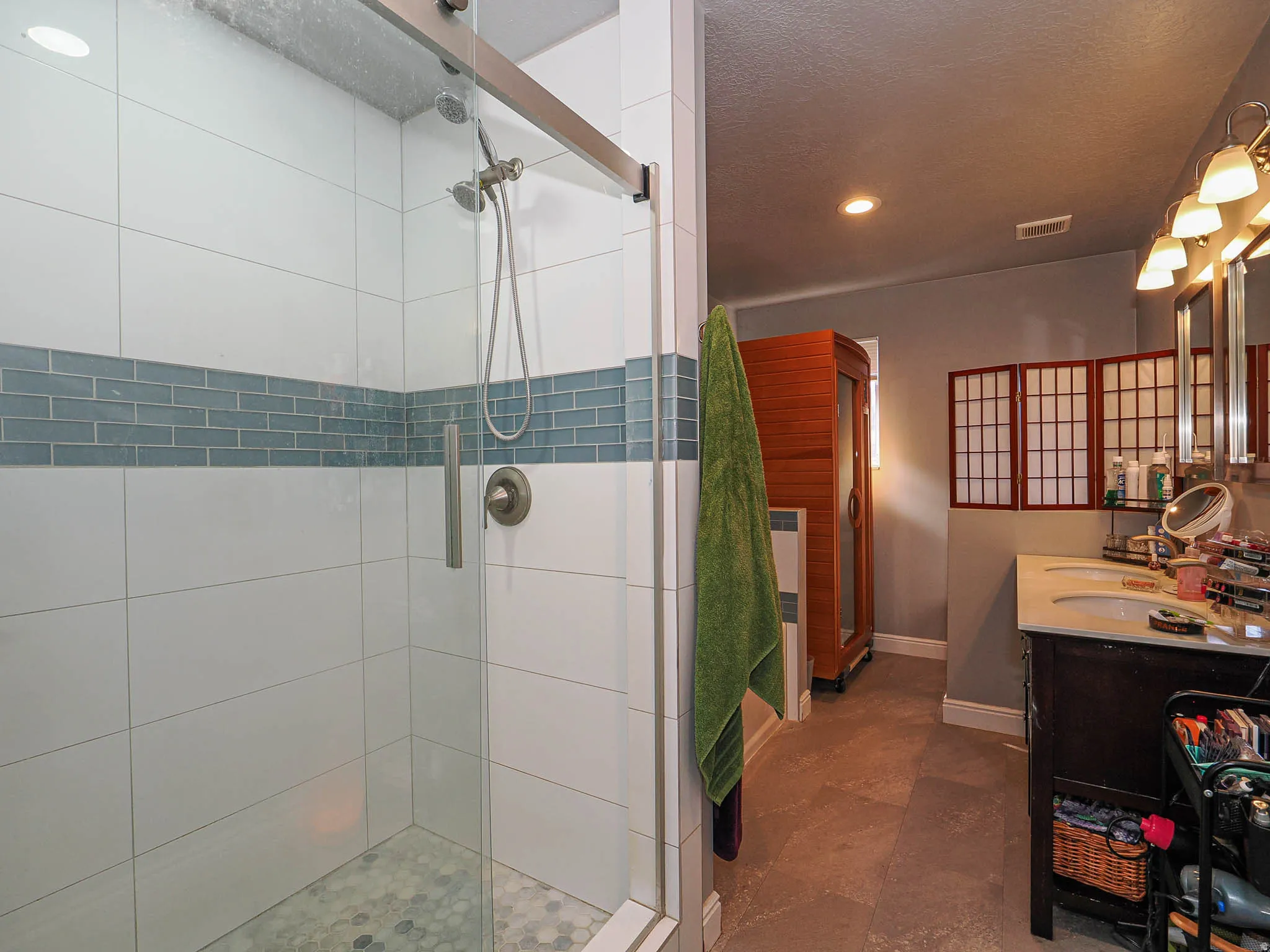 Primary bathroom with separate shower.