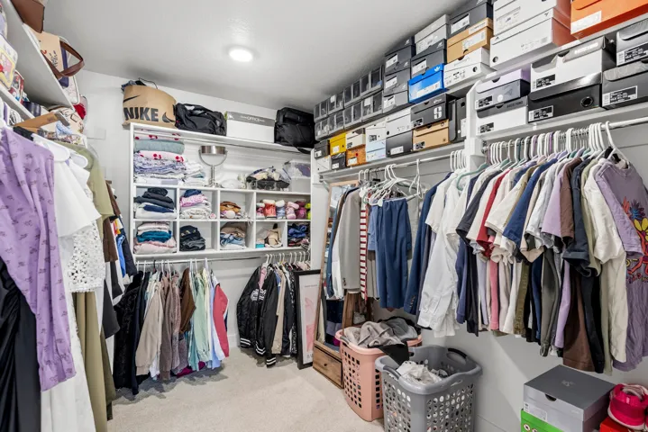 Built-in shelving, overhead lighting, and extensive hanging rods