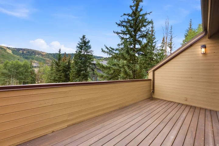 Expansive outdoor deck surrounded by mature trees and mountain scenery