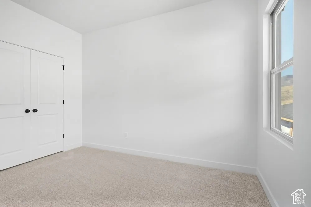 Neutral interior space featuring carpeted flooring, white walls, a dual-panel closet door with black hardware, and a single window