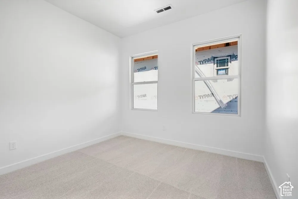 Neutral-toned carpeted flooring, white wall finishes, and dual single-hung windows