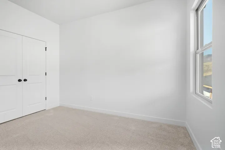 Neutral interior space featuring carpeted flooring, white walls, a dual-panel closet door with black hardware, and a single window