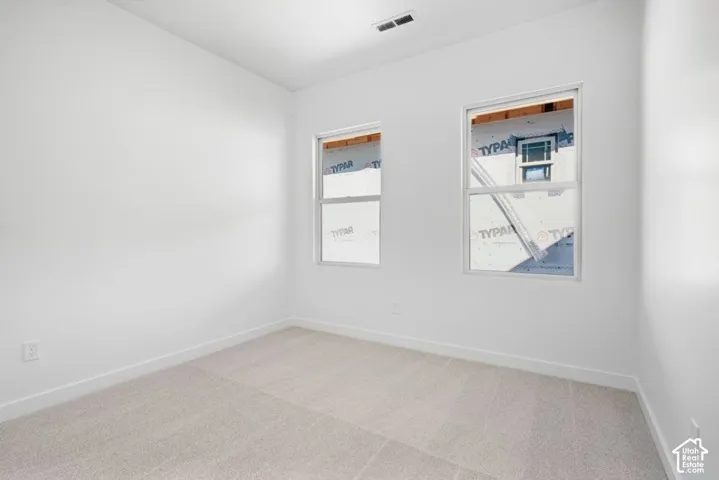 Neutral-toned carpeted flooring, white wall finishes, and dual single-hung windows