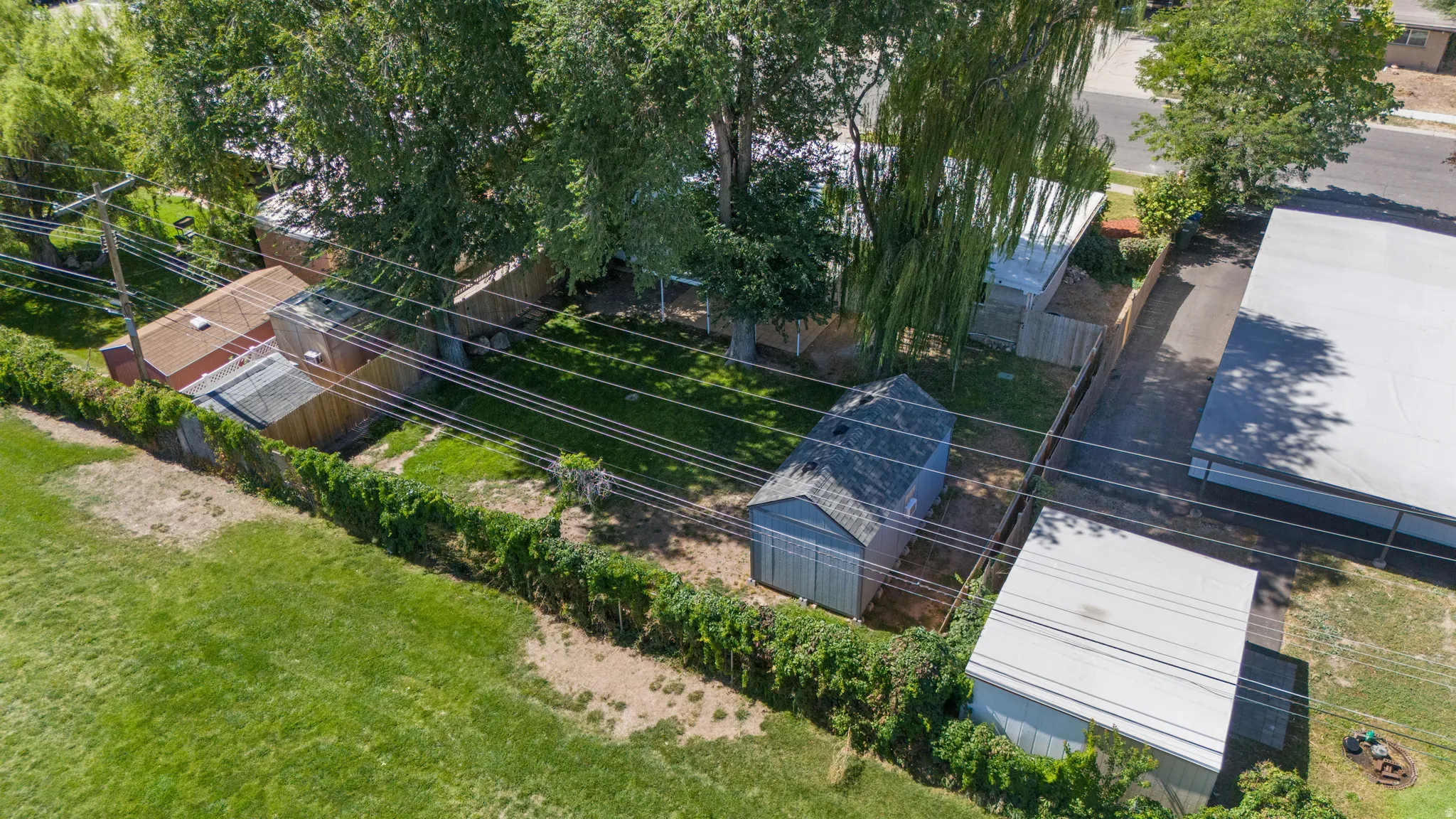 Spacious lot featuring a manicured lawn, established perimeter fencing, and mature trees