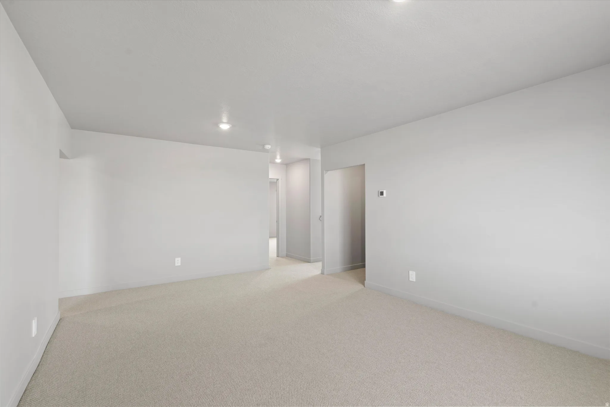 Recessed lighting illuminates the neutral-toned carpet and light gray walls