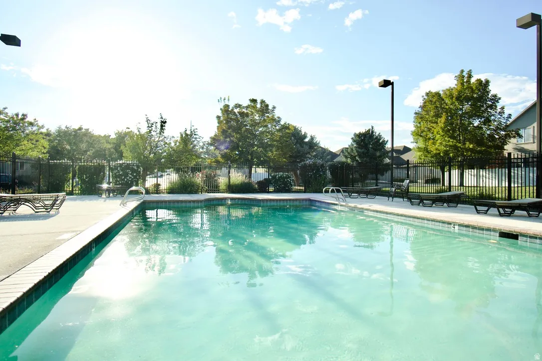 Outdoor swimming pool with concrete decking, surrounding metal fencing, and mature trees