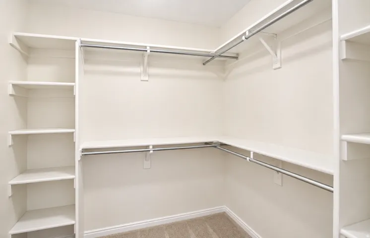 Primary closet with built-in shelving, multiple hanging rods, and neutral carpet flooring