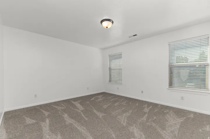 Neutral white wall paint, two windows with blinds, flush mount ceiling light, and patterned gray carpet