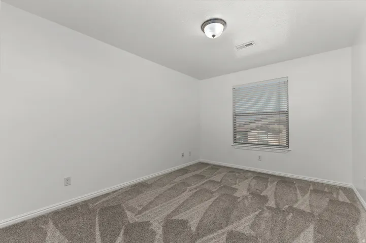 Neutral wall paint, patterned carpeting, window with blinds, and ceiling-mounted light fixture