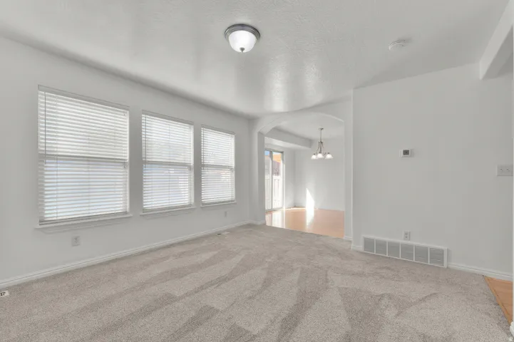 Light-toned carpeting, multiple windows with blinds, archway leading to a room with wood-finish flooring, and a ceiling-mounted light fixture