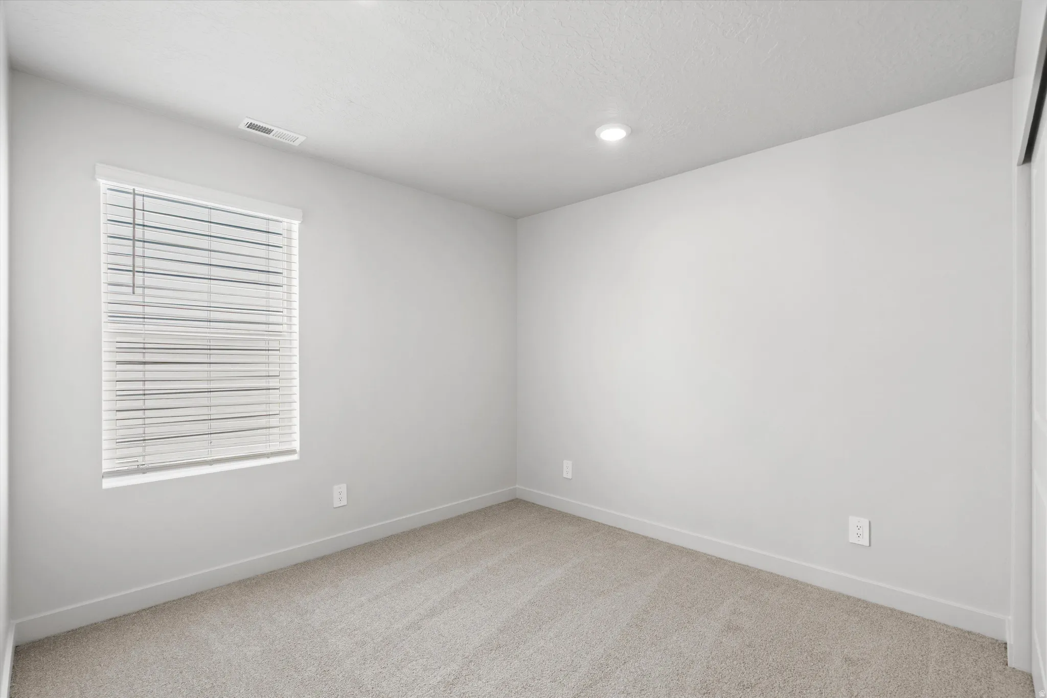 Soft-toned walls, recessed lighting, and light-colored carpeting