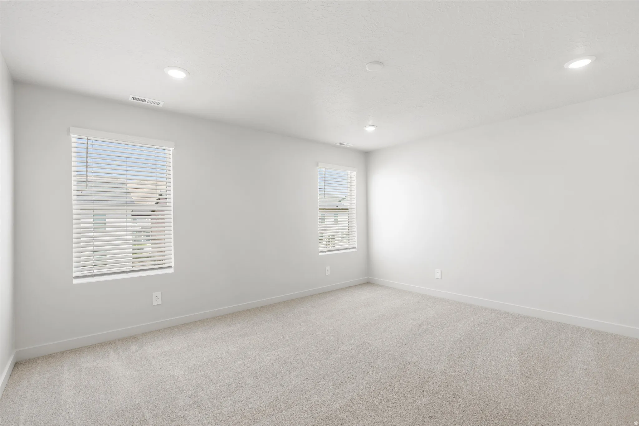 Recessed lighting, light-toned carpeting, two windows with blinds, and neutral wall paint