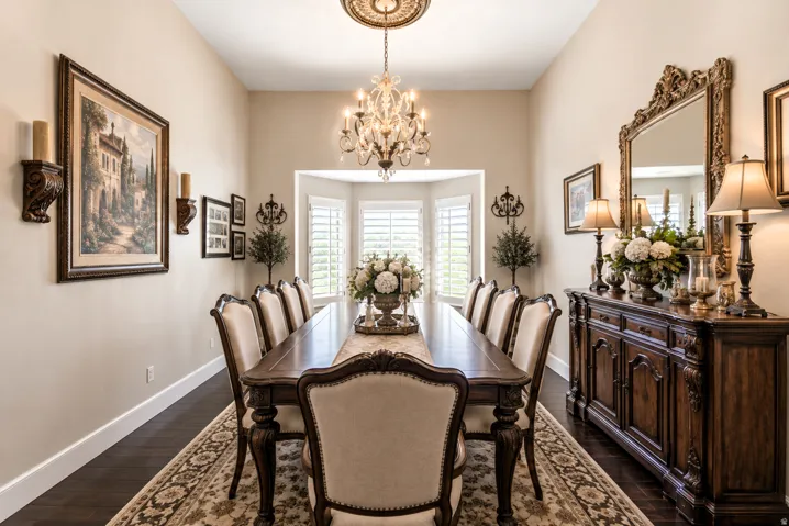 Digitally altered to show how you can either have a formal living or formal dining space that features dark wood-finish flooring, a bay window with plantation shutters, a chandelier with ceiling medallion, and neutral wall tones.