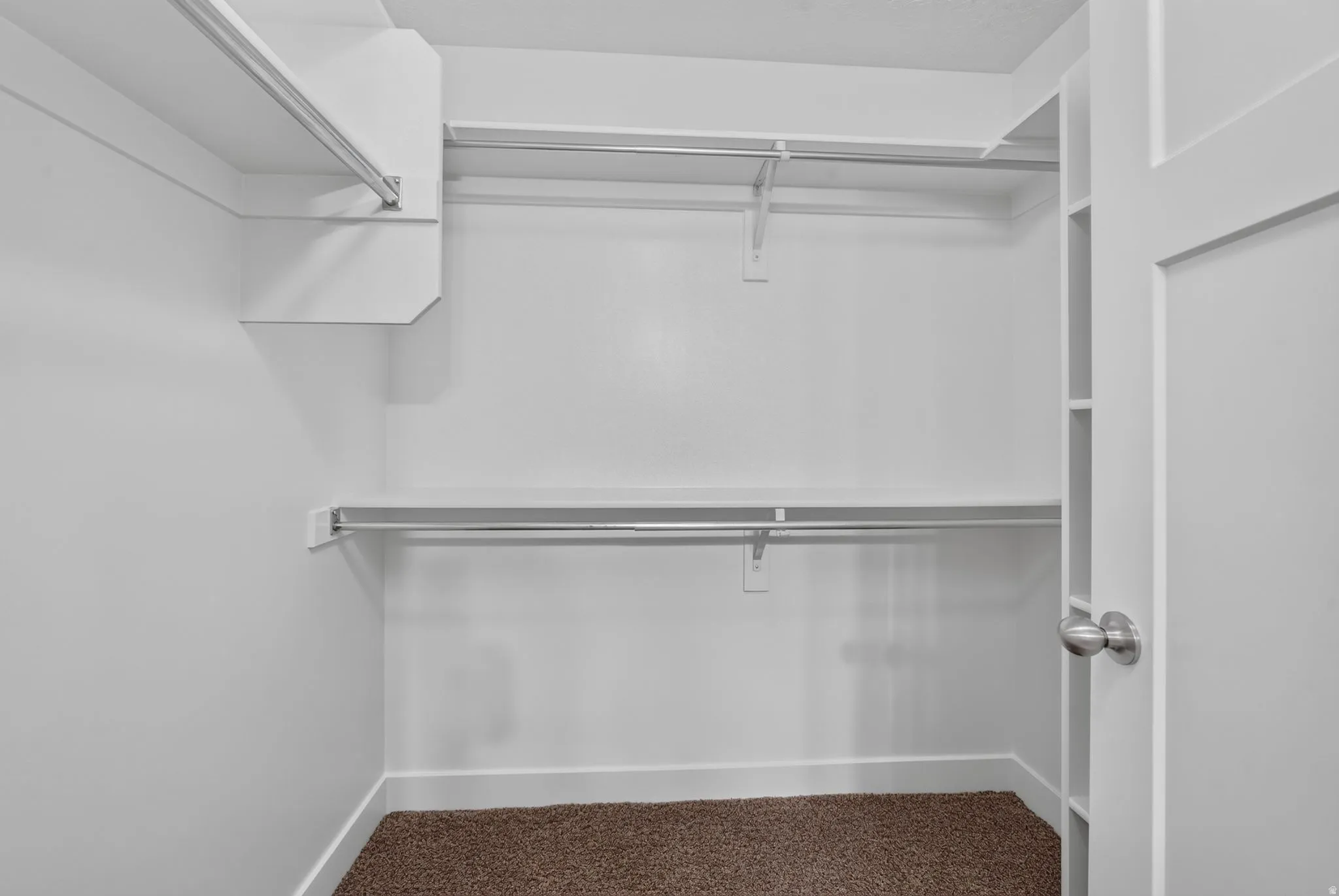 Built-in closet shelving, integrated hanging rods, and carpet flooring