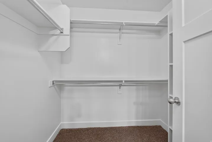 Built-in closet shelving, integrated hanging rods, and carpet flooring
