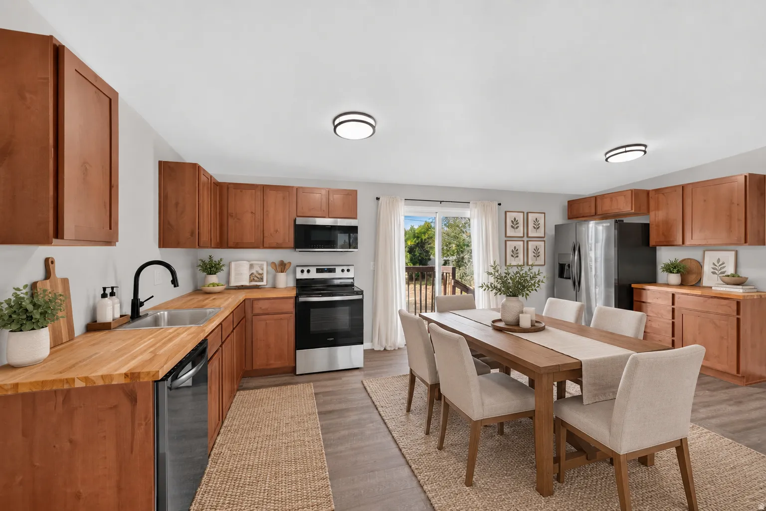 Virtually Staged Image. Open-concept kitchen and dining area featuring wood cabinetry, light wood countertops, stainless steel appliances, and wood-finish flooring