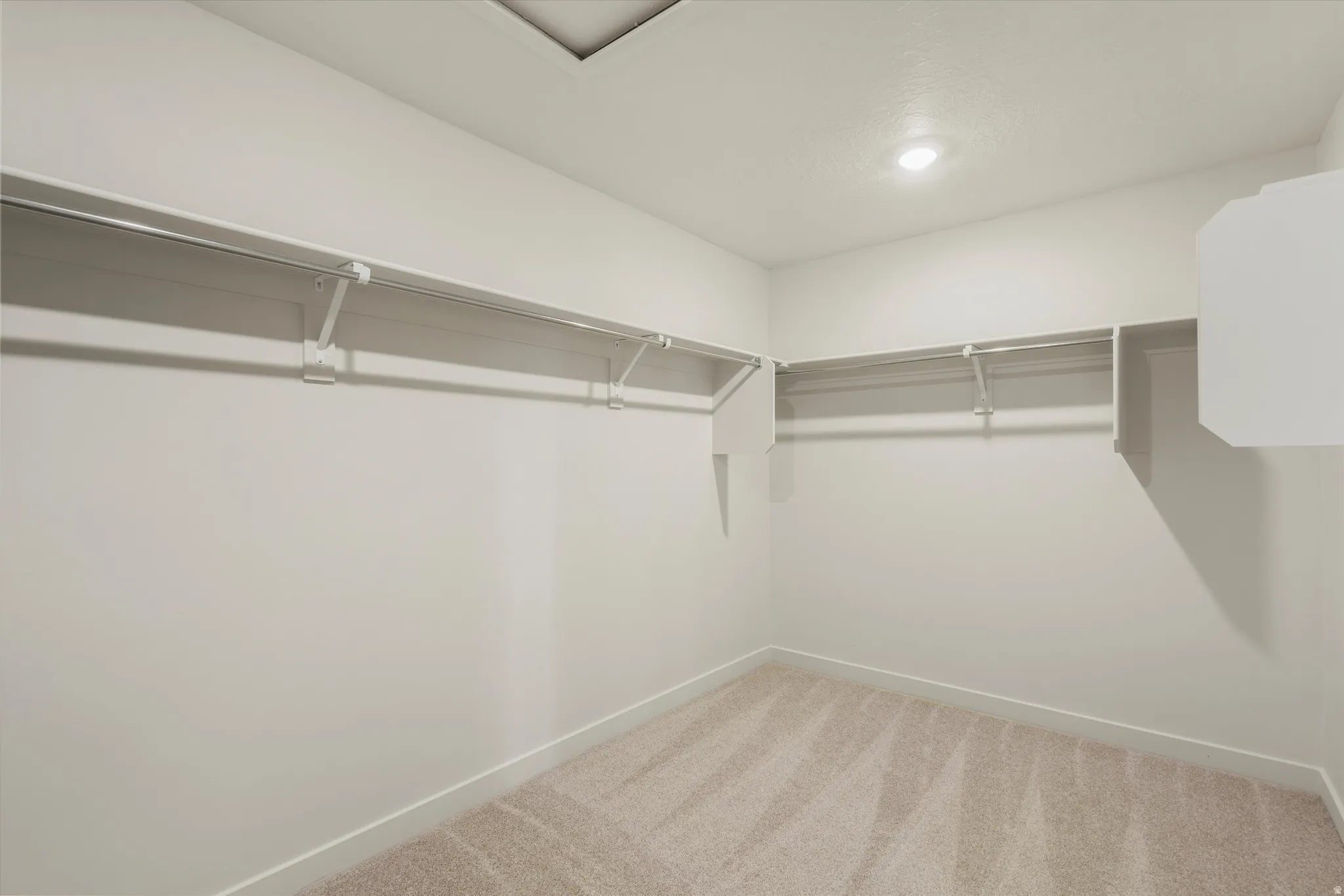 Wall-to-wall carpeting, overhead recessed lighting, and integrated shelving with hanging rods