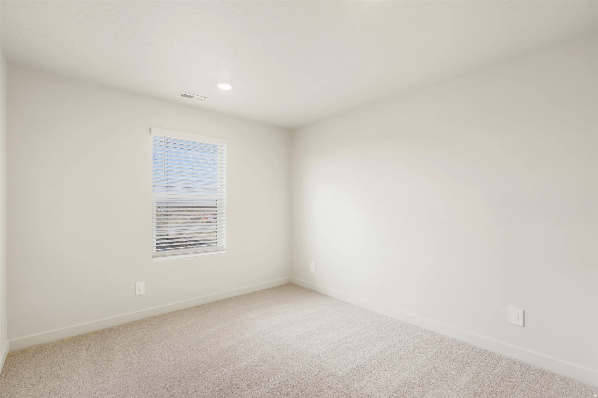 Wall-to-wall carpeting and a single window with blinds