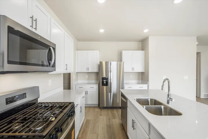 White cabinetry, stainless steel appliances, dual basin undermount sink, light-toned countertops, and wood-finish flooring