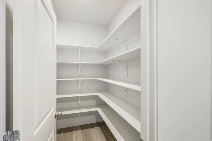 Spacious pantry with extensive shelving and wood-finish flooring