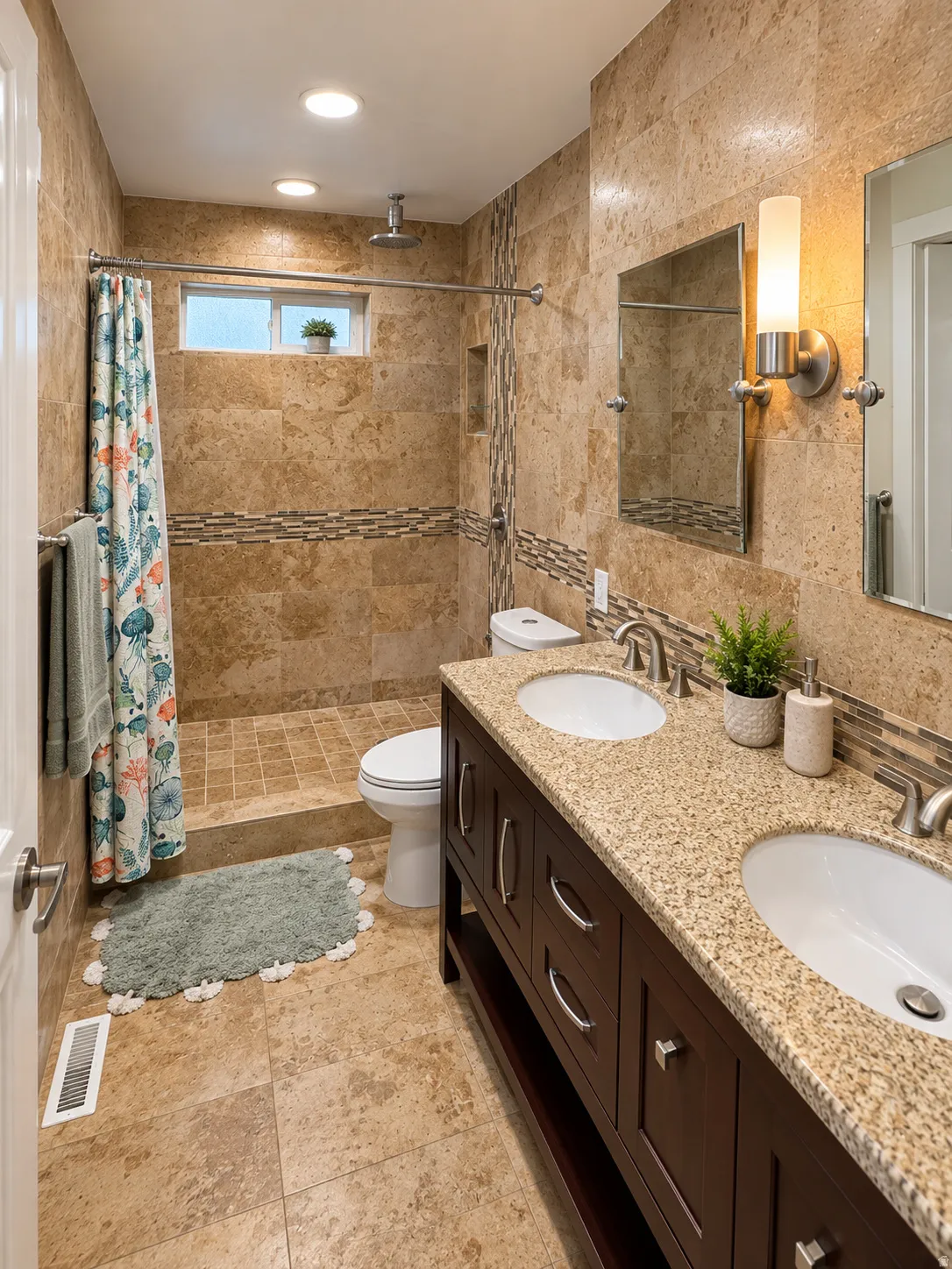 Double vanity with integrated sinks, granite countertop, and dark wood-finish cabinetry