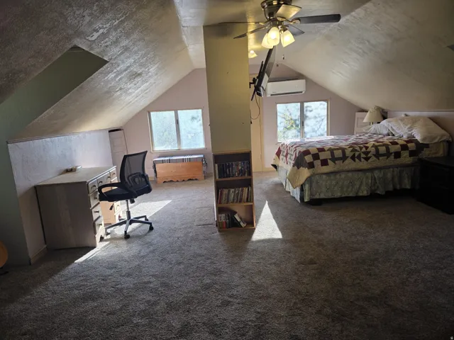 Carpeted attic space featuring sloped ceilings, multiple windows, a ceiling fan, and a built-in bookshelf