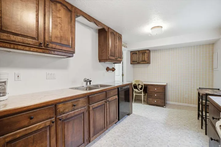 Wood-finish cabinetry paired with a dual basin sink, light-toned countertops, and a built-in dishwasher