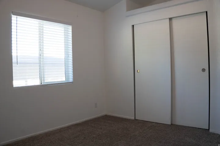 Textured carpeting, white walls, window with horizontal blinds, and sliding closet doors with recessed handles