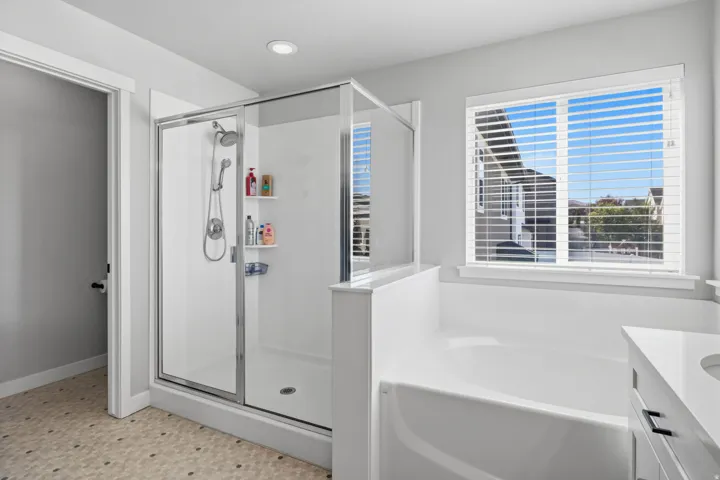 Walk-in shower with a glass enclosure, soaking tub, and a vanity with an undermount sink and dark hardware