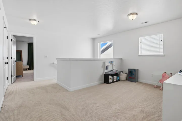 Carpeted open area with white walls, multiple windows, and flush-mount ceiling lights