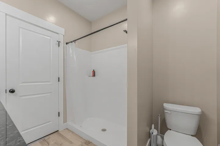 Recessed shower stall with integrated shelving, completed by a white toilet and light wood-finish flooring