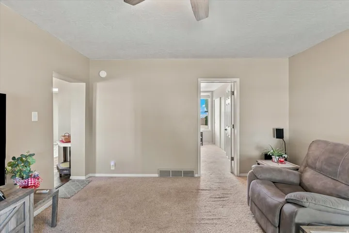 Recessed ceiling, neutral wall paint, and textured carpeting