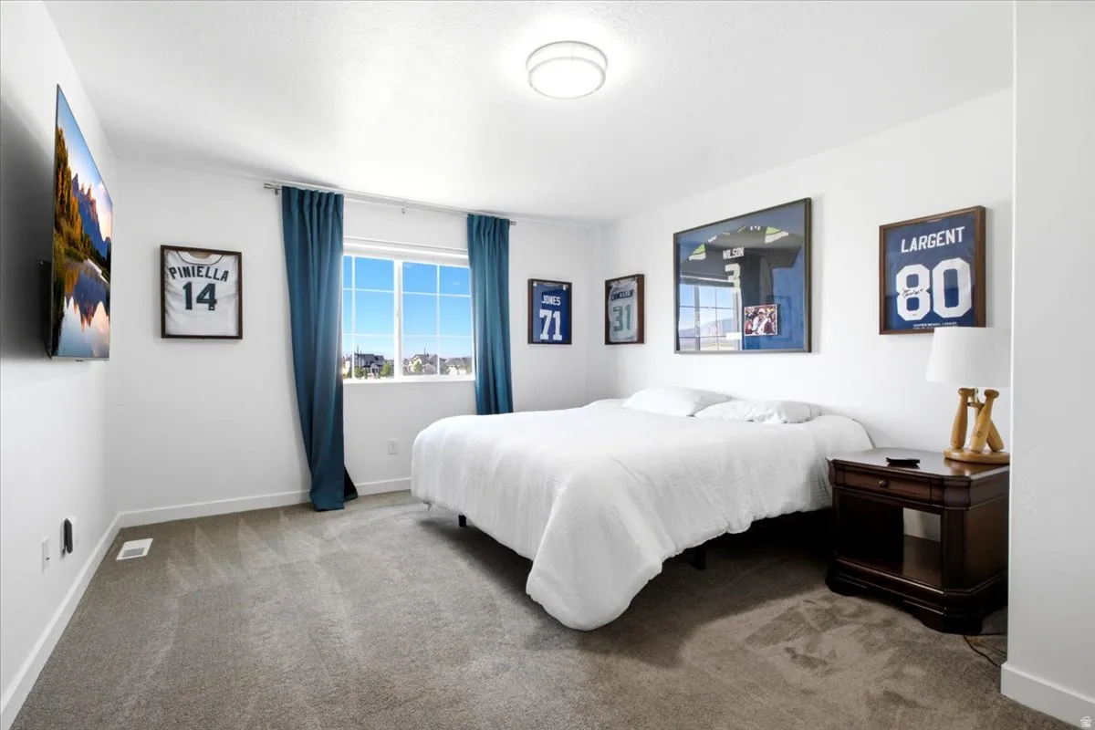 Recessed window with exterior scenery, overhead flush-mount lighting, and wall-to-wall carpeting
