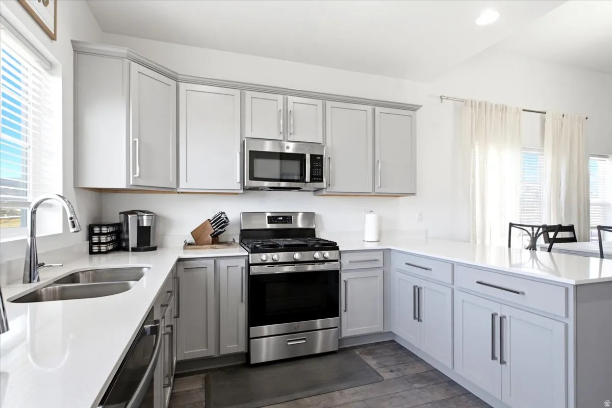 Modern kitchen featuring light gray cabinetry, stainless steel appliances, a double basin sink, and white countertops