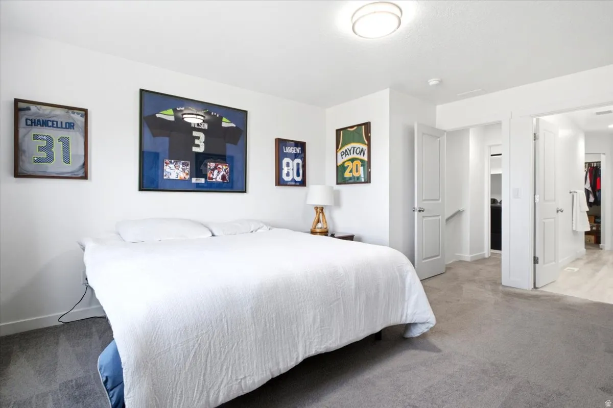 Plush gray carpeting, white walls, and a contemporary flush-mount ceiling light